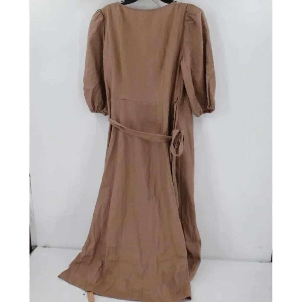 NEW Reformation Anna wrap Dress Women's XL Clay Brown Linen Puff Sleeves Midi - Picture 6 of 15